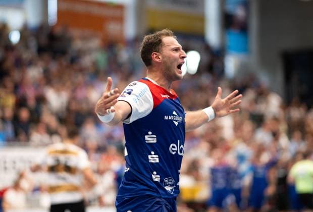 Tobias Heinzlemann HBW Balingen Weilstetten, 28 , at the circle, celebrates his goal, HBW Balingen Weilstetten vs HC Elbflorenz Dresden, Handball, 2 Bundesliga, Matchday 2, Season 2025 2026, 06 09 2025 Eibner Pressefoto Andreas Ulmer HBW Balingen Weilstetten vs HC Elbflorenz Dresden, Handball, 2 Bundesliga, Matchday 2, Season 2025 2026, 06 09 2025 Balingen Copyright: xEibner-Pressefoto AndreasxUlmerx EP_AUR