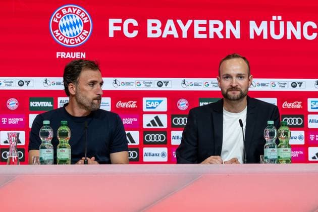 Jose Barcala Head Coach, FC Bayern Muenchen Women and Josef Thaurer Press Spokesman, FC Bayern Muenchen Women at the press conference after the match FC Bayern Muenchen Women vs Bayer 04 Leverkusen, Soccer, Google Pixel Women Bundesliga, Matchday 1, Season 2025 2026, 06 09 2025 DFL DFB REGULATIONS PROHIBIT ANY USE OF PHOTOGRAPHS as IMAGE SEQUENCES and or QUASI VIDEO FC Bayern Muenchen Frauen vs Bayer 04 Leverkusen, Football, Google Pixel Frauen Bundesliga, 1 Spieltag, Saison 2025 2026, 06 09 2025 Muenchen Copyright: xEibner-Pressefoto HeikexFeinerx EP_HFR