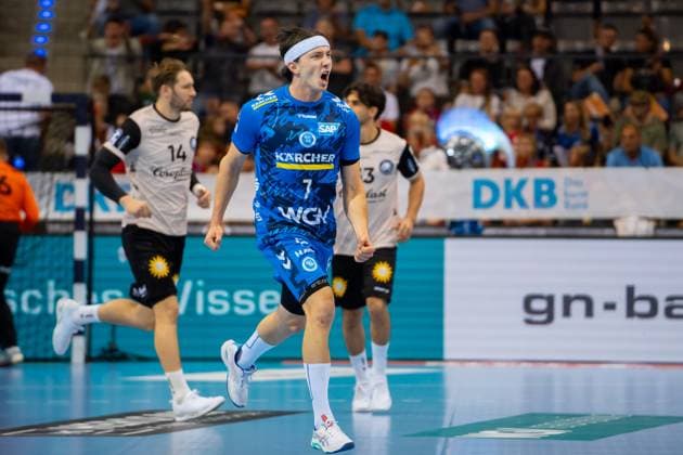 Handball I Men I Season 2025 2026 I Bundesliga I 3 Matchday I TVB Stuttgart Bergischer HC I 06 09 2025 Kasper Thorsen Lien 7, TVB Stuttgart jubelt Stuttgart Porsche Arena Baden Württemberg Germany Copyright: xLobeca MaxxPetershansx