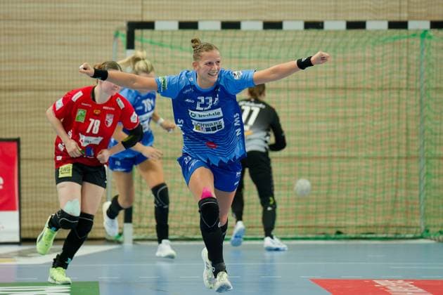 Munia Smits Neckarsulm, 23 , Jubel, SV Union Halle Neustadt vs Sport Union Neckarsulm, Handball Bundesliga Frauen, Saison 2025 26, 2 Spieltag, 06 09 2025 Halle SWH Arena Sachsen Anhalt Germany