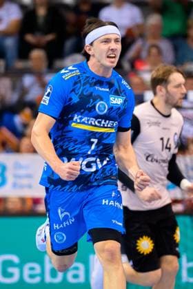 Stuttgart, Handball Bundesliga HBL 25 26 TVB Stuttgart Bergischer HC Kasper Thorsen Lien Stuttgart Jubel Freude Emotion Torjubel Torschuetze Torschütze Stuttgart Porsche Arena Baden Württemberg Germany