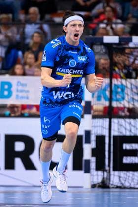 Stuttgart, Handball Bundesliga HBL 25 26 TVB Stuttgart Bergischer HC Kasper Thorsen Lien Stuttgart Jubel Freude Emotion Torjubel Torschuetze Torschütze Stuttgart Porsche Arena Baden Württemberg Germany