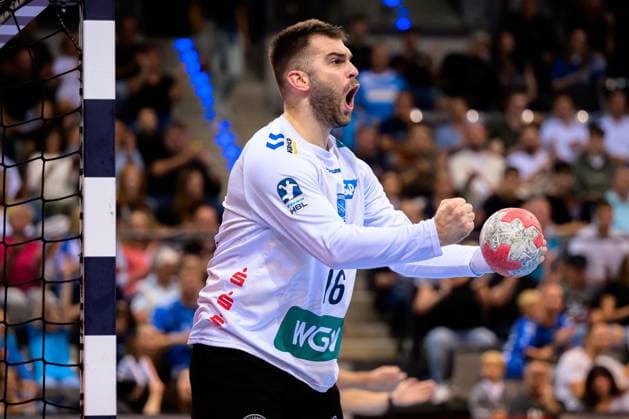 Stuttgart, Handball Bundesliga HBL 25 26 TVB Stuttgart Bergischer HC Torhueter Miljan Vujovic Stuttgart Jubel Freude Emotion Stuttgart Porsche Arena Baden Württemberg Germany