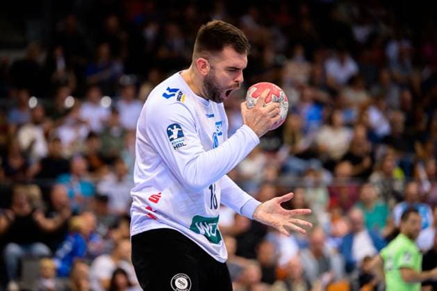 Stuttgart, Handball Bundesliga HBL 25 26 TVB Stuttgart Bergischer HC Torhueter Miljan Vujovic Stuttgart Jubel Freude Emotion Stuttgart Porsche Arena Baden Württemberg Germany