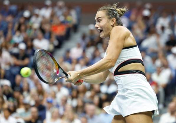 Aryna Sabalenka of Belarus hits a return to Amanda Anisimova in the first set in the Women s Finals of the 2025 US Open Tennis Championship in Arthur Ashe Stadium at the USTA Billie Jean King National Tennis Center in Flushing Meadows, New York on Saturday, September 6, 2025.  NYP20250906111 JOHNxANGELILLO