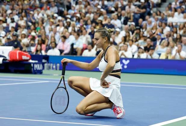 Aryna Sabalenka of Belarus reacts after losing a point to Amanda Anisimova in the first set in the Women s Finals of the 2025 US Open Tennis Championship in Arthur Ashe Stadium at the USTA Billie Jean King National Tennis Center in Flushing Meadows, New York on Saturday, September 6, 2025.  NYP20250906112 JOHNxANGELILLO