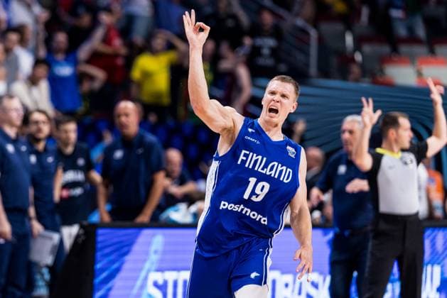 FIBA EuroBasket 2025 Serbia Finland 06 09 2025 Elias Valtonen Finland, 19 celebrates a successful three-pointer, three-point shot FIBA EuroBasket 2025 Serbia Finland, Riga, Arena Riga on 06 09 2025 Copyright: xBEAUTIFULxSPORTS Wunderlx
