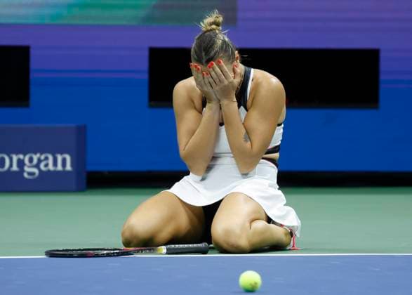 Aryna Sabalenka of Belarus celebrates after defeating Amanda Anisimova at the Women s Finals of the 2025 US Open Tennis Championship in Arthur Ashe Stadium at the USTA Billie Jean King National Tennis Center in Flushing Meadows, New York on Saturday, September 6, 2025. Sabalenka defeated Anisimova 6-3, 7-6 to win her second consecutive US Open Championship.  NYP20250906120 JOHNxANGELILLO