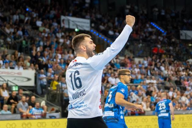 Handball I Men I Season 2025 2026 I Bundesliga I 3 Matchday I TVB Stuttgart Bergischer HC I 06 09 2025 Miljan Vujovic 16, TVB Stuttgart jubelt Stuttgart Porsche Arena Baden Württemberg Germany Copyright: xLobeca MaxxPetershansx