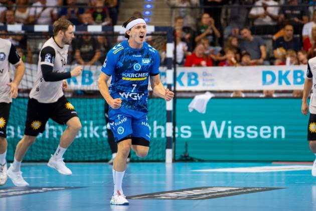 Handball I Men I Season 2025 2026 I Bundesliga I 3 Matchday I TVB Stuttgart Bergischer HC I 06 09 2025 Kasper Thorsen Lien 7, TVB Stuttgart jubelt Stuttgart Porsche Arena Baden Württemberg Germany Copyright: xLobeca MaxxPetershansx