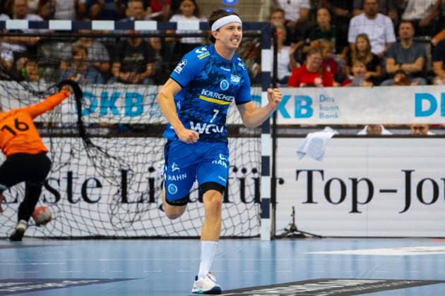 Handball I Men I Season 2025 2026 I Bundesliga I 3 Matchday I TVB Stuttgart Bergischer HC I 06 09 2025 Kasper Thorsen Lien 7, TVB Stuttgart jubelt Stuttgart Porsche Arena Baden Württemberg Germany Copyright: xLobeca MaxxPetershansx
