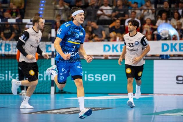 Handball I Men I Season 2025 2026 I Bundesliga I 3 Matchday I TVB Stuttgart Bergischer HC I 06 09 2025 Kasper Thorsen Lien 7, TVB Stuttgart jubelt Stuttgart Porsche Arena Baden Württemberg Germany Copyright: xLobeca MaxxPetershansx