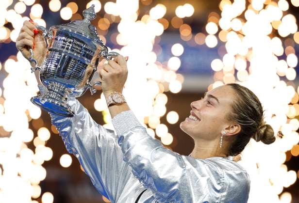 Aryna Sabalenka of Belarus holds her trophy after defeating Amanda Anisimova at the Women s Finals of the 2025 US Open Tennis Championship in Arthur Ashe Stadium at the USTA Billie Jean King National Tennis Center in Flushing Meadows, New York on Saturday, September 6, 2025. Sabalenka defeated Anisimova 6-3, 7-6 to win her second consecutive US Open Championship.  NYP20250906137 JOHNxANGELILLO