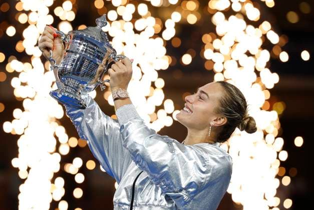 Aryna Sabalenka of Belarus holds her trophy after defeating Amanda Anisimova at the Women s Finals of the 2025 US Open Tennis Championship in Arthur Ashe Stadium at the USTA Billie Jean King National Tennis Center in Flushing Meadows, New York on Saturday, September 6, 2025. Sabalenka defeated Anisimova 6-3, 7-6 to win her second consecutive US Open Championship.  NYP20250906138 JOHNxANGELILLO