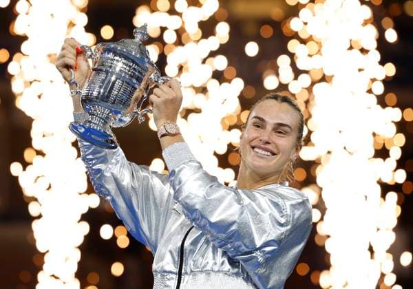 Aryna Sabalenka of Belarus holds her trophy after defeating Amanda Anisimova at the Women s Finals of the 2025 US Open Tennis Championship in Arthur Ashe Stadium at the USTA Billie Jean King National Tennis Center in Flushing Meadows, New York on Saturday, September 6, 2025. Sabalenka defeated Anisimova 6-3, 7-6 to win her second consecutive US Open Championship.  NYP20250906139 JOHNxANGELILLO
