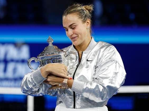 Aryna Sabalenka of Belarus holds her trophy after defeating Amanda Anisimova at the Women s Finals of the 2025 US Open Tennis Championship in Arthur Ashe Stadium at the USTA Billie Jean King National Tennis Center in Flushing Meadows, New York on Saturday, September 6, 2025. Sabalenka defeated Anisimova 6-3, 7-6 to win her second consecutive US Open Championship.  NYP20250906142 JOHNxANGELILLO