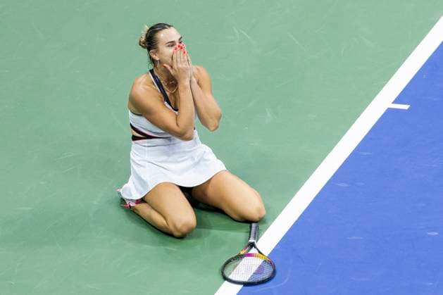 Aryna Sabalenka of Belarus celebrates her win in two sets over Amanda Anisimova in the Women s Finals of the US Open Tennis Championships in Arthur Ashe Stadium at the Billie Jean King National Tennis Center in New York City on Saturday, September 6, 2025.  NYP20250906810 COREYxSIPKIN