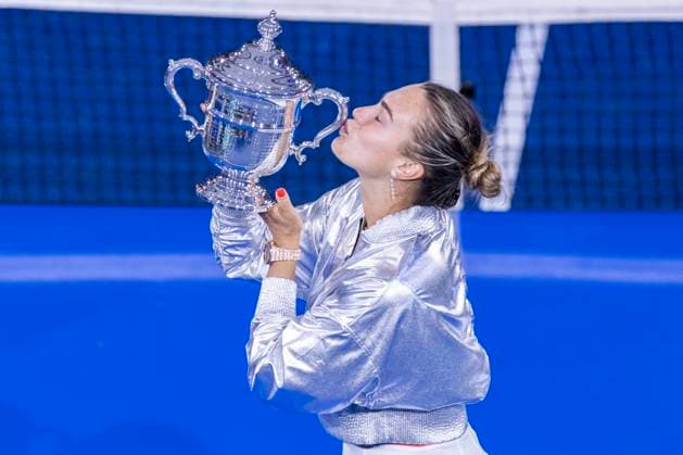 Aryna Sabalenka of Belarus celebrates with her trophy after her win in two sets over Amanda Anisimova in the Women s Finals of the US Open Tennis Championships in Arthur Ashe Stadium at the Billie Jean King National Tennis Center in New York City on Saturday, September 6, 2025.  NYP20250906814 COREYxSIPKIN