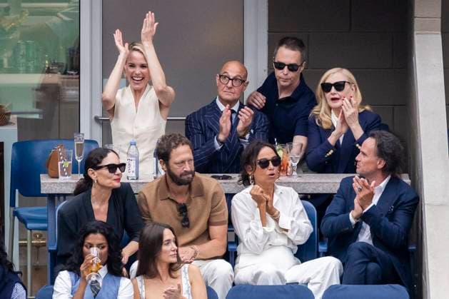 Actors Leslie Bibb, Stanley Tucci, Ebon Moss-Bachrach and Walter Goggins watch Aryna Sabalenka of Belarus play Amanda Anisimova in the first set of the Women s Finals of the US Open Tennis Championships in Arthur Ashe Stadium at the Billie Jean King National Tennis Center in New York City on Saturday, September 6, 2025.  NYP20250906823 COREYxSIPKIN