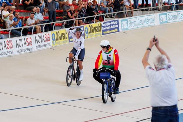 Moritz Augenstein GER and Christian Ertel GER, pacemakers win the mens derny final winner, first place, gold medal, gold medal, 06 09 2025, Erfurt Germany , track cycling, stayer and derny European Championships 2025 xprx