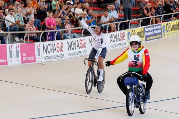 Moritz Augenstein GER and Christian Ertel GER, pacemakers win the mens derny final winner, first place, gold medal, gold medal, 06 09 2025, Erfurt Germany , track cycling, stayer and derny European Championships 2025 xprx