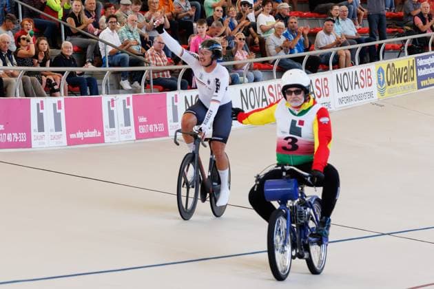 Moritz Augenstein GER and Christian Ertel GER, pacemakers win the mens derny final winner, first place, gold medal, gold medal, 06 09 2025, Erfurt Germany , track cycling, stayer and derny European Championships 2025 xprx