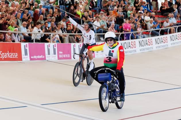 Moritz Augenstein GER and Christian Ertel GER, pacemakers win the mens derny final winner, first place, gold medal, gold medal, 06 09 2025, Erfurt Germany , track cycling, stayer and derny European Championships 2025 xprx
