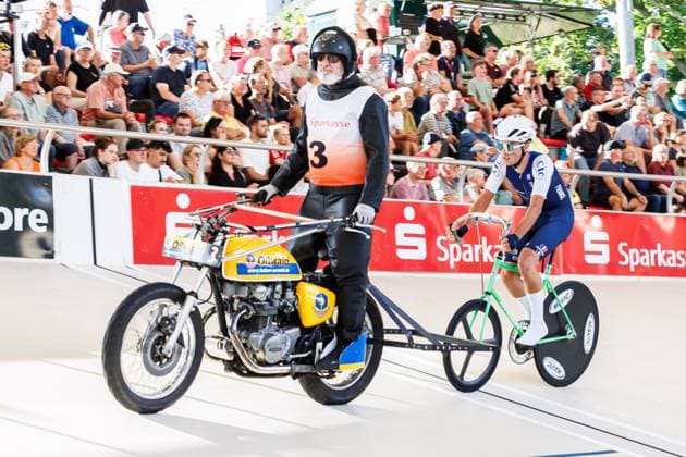 Leo Busson FRA behind Alain Gaudillat FRA, Pacemaker , 06 09 2025, Erfurt Germany , Track Cycling, Stand-up and Derny European Championships 2025 xprx