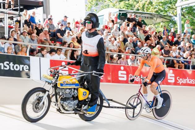 Reinier Honig NED behind Jos Pronk NED, Pacemaker , 06 09 2025, Erfurt Germany , Track Cycling, Stand-up and Derny European Championships 2025 xprx