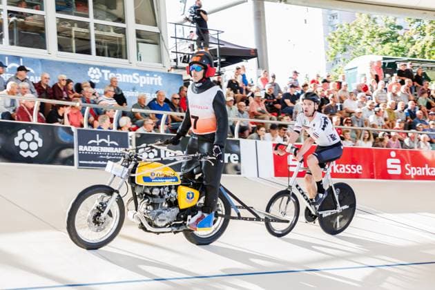 FRanz Schiewer GER behind Patrick Wolfrum GER, Pacemaker , 06 09 2025, Erfurt Germany , Track Cycling, Stand-up and Derny European Championships 2025 xprx