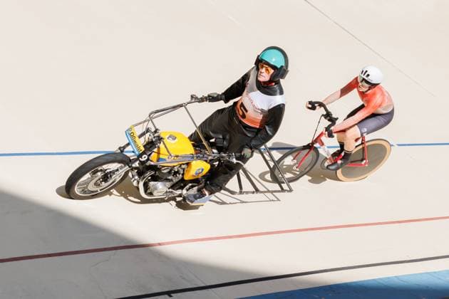 Viktor Filutas HUN behind Peter Bäuerlein GER, Pacemaker , 06 09 2025, Erfurt Germany , Track Cycling, Stand-up and Derny European Championships 2025 xprx