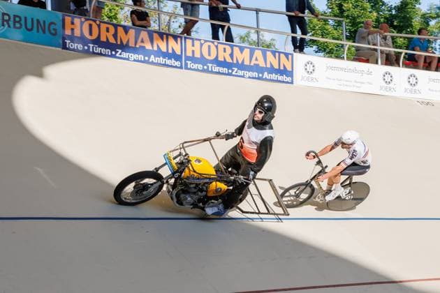 Luca Harter GER behind Andre Dippel GER, Pacemaker , 06 09 2025, Erfurt Germany , Track Cycling, Stand-up and Derny European Championships 2025 xprx