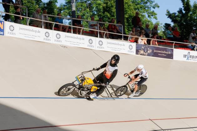 Luca Harter GER behind Andre Dippel GER, Pacemaker , 06 09 2025, Erfurt Germany , Track Cycling, Stand-up and Derny European Championships 2025 xprx