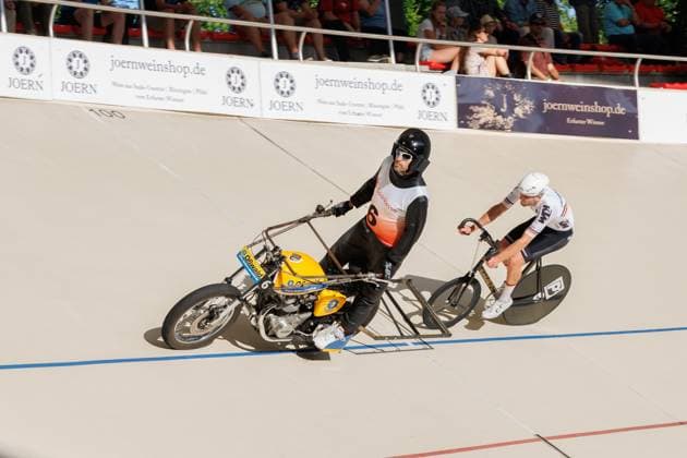 Luca Harter GER behind Andre Dippel GER, Pacemaker , 06 09 2025, Erfurt Germany , Track Cycling, Stand-up and Derny European Championships 2025 xprx