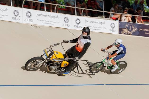 Leo Busson FRA behind Alain Gaudillat FRA, Pacemaker , 06 09 2025, Erfurt Germany , Track Cycling, Stand-up and Derny European Championships 2025 xprx