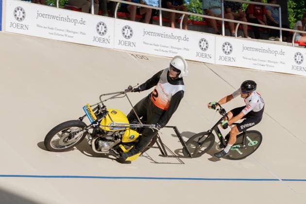 Jan Andre Freuler SUI behind Flavio Küng SUI, Pacemaker , 06 09 2025, Erfurt Germany , Track Cycling, Stand-up and Derny European Championships 2025 xprx