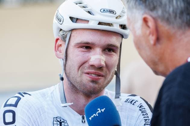 Luca Harter GER during interview, TV third place, bronze medal, bronze medal, 06 09 2025, Erfurt Germany , Track Cycling, Stand-up and Derny European Championships 2025 xprx