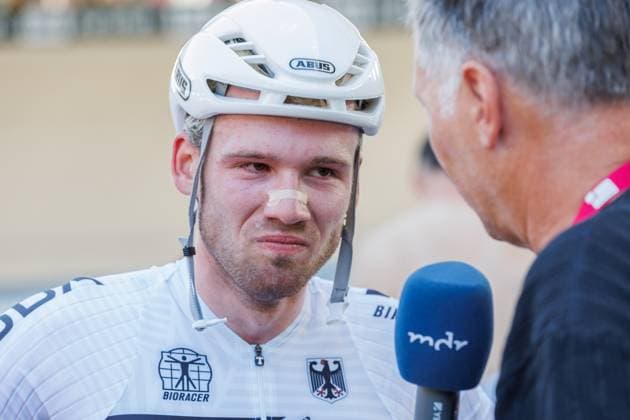 Luca Harter GER during interview, TV third place, bronze medal, bronze medal, 06 09 2025, Erfurt Germany , Track Cycling, Stand-up and Derny European Championships 2025 xprx