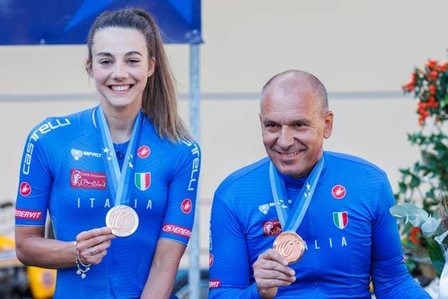 Arianna Fidanza ITA with Christian Dagnoni ITA, Pacemaker award ceremony, Award Ceremony runner-up, silver medal, 06 09 2025, Erfurt Germany , Track Cycling, Stand-up and Derny European Championships 2025 xprx
