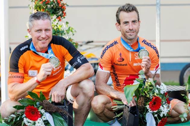 from left Jos Pronk NED, pacemaker , Reinier Honig NED runner-up, silver medal, silver medal, 06 09 2025, Erfurt Germany , track cycling, stayer and derny European Championships 2025 xprx