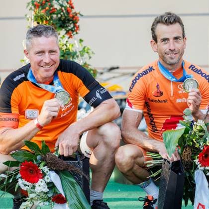 from left Jos Pronk NED, pacemaker , Reinier Honig NED runner-up, silver medal, silver medal, 06 09 2025, Erfurt Germany , track cycling, stayer and derny European Championships 2025 xprx