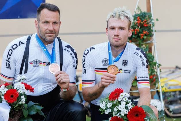 from right Luca Harter GER , Andre Dippel GER, pacemaker third place, bronze medal, bronze medal, 06 09 2025, Erfurt Germany , Track Cycling, Stand-up and Derny European Championships 2025 xprx