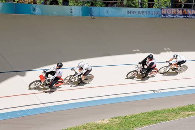 front Franz Groß GER behind Marcel Möbus GER, pacemaker back Constantin Lohse GER behind Carsten Strassmann GER, pacemaker , 06 09 2025, Erfurt Germany , Track Cycling, Stand-up and Derny European Championships 2025 xprx