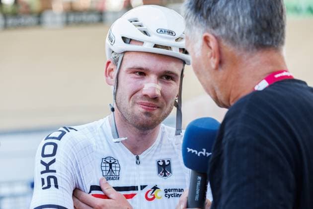 Luca Harter GER during interview, TV third place, bronze medal, bronze medal, 06 09 2025, Erfurt Germany , Track Cycling, Stand-up and Derny European Championships 2025 xprx