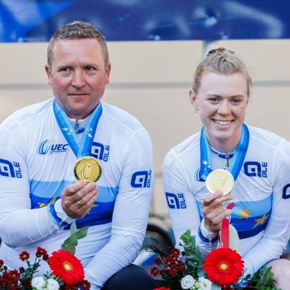 Lena Charlotte Reißner GER with Marcel Möbus GER, pacemaker award ceremony, award ceremony winner, first-placed, gold medal, gold medal, 06 09 2025, Erfurt Germany , track cycling, stayer and derny European Championships 2025 xprx