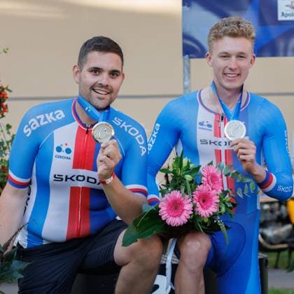 from right Adam Krenek CZE with Nick Alens BEL, pacemaker runner-up, silver medal, 06 09 2025, Erfurt Germany , Track Cycling, Stand-up and Derny European Championships 2025 xprx
