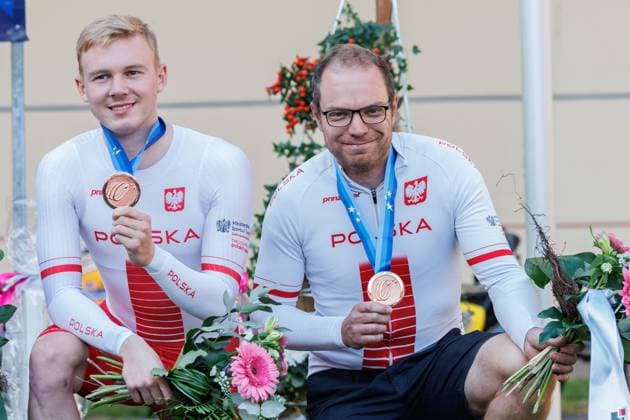 from left Filip Prokopyszyn POL with Tim Biemelt GER, pacemaker third place, bronze medal, bronze medal, 06 09 2025, Erfurt Germany , Track Cycling, Stand-up and Derny European Championships 2025 xprx