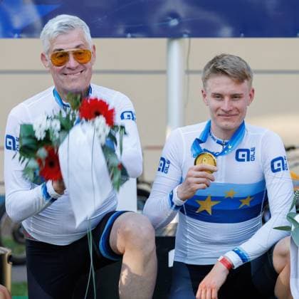 from right Viktor Filutas HUN with Peter Bäuerlein GER, pacemaker winner, first place, gold medal, gold medal, 06 09 2025, Erfurt Germany , Track Cycling, Stand-up and Derny European Championships 2025 xprx