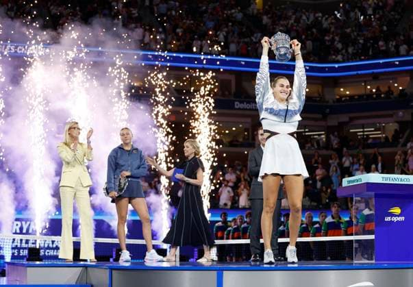 Aryna Sabalenka of Belarus holds the championship trophy after defeating Amanda Anisimova at the Women s Finals of the 2025 US Open Tennis Championship in Arthur Ashe Stadium at the USTA Billie Jean King National Tennis Center in Flushing Meadows, New York on Saturday, September 6, 2025. Sabalenka defeated Anisimova 6-3, 7-6 to win her second consecutive US Open Championship.  NYP20250906232 JOHNxANGELILLO
