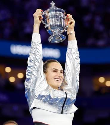 Aryna Sabalenka of Belarus holds the championship trophy after defeating Amanda Anisimova at the Women s Finals of the 2025 US Open Tennis Championship in Arthur Ashe Stadium at the USTA Billie Jean King National Tennis Center in Flushing Meadows, New York on Saturday, September 6, 2025. Sabalenka defeated Anisimova 6-3, 7-6 to win her second consecutive US Open Championship.  NYP2025090631 JOHNxANGELILLO